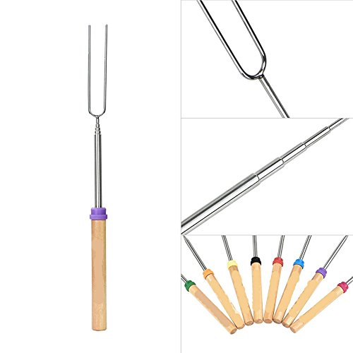 8 x Grillspieße BBQ Spieße Ausziehbar Edelstahl mit Holzgriff Teleskop Grillspieß 31cm-82cm für Bratwurst Würstchen Hot Dog und Marshmallows Lagerfeuer Barbecue Holz Griff Metall Edelstahl Spieße (Farbe) - 7