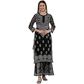 Fashion Chikan Art Women's Chiffon Chikankari Straight Kurti with Palazo & Inner