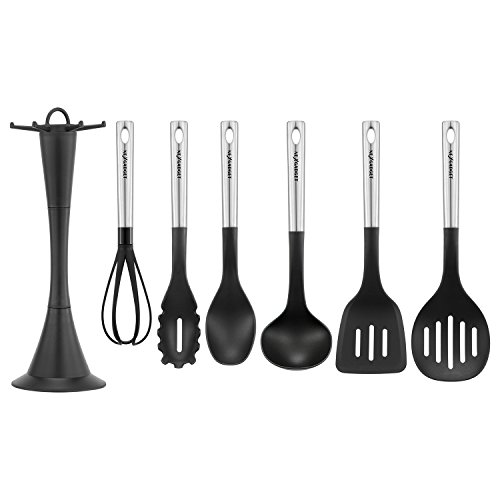 NexGadget Kochenset Kitchen Starter-Set 7-Stücke Sets von Kochgeschirr mit Edelstahl und Nylon Kochen Tools einschließlich Löffel Schlitzlöffel Spaghettiheber Schöpflöffel Pfannenwender Schneebesen und Sockel - 2