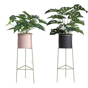 Weston Crafts Plant Stand Set - 2-Piece Modern G I Planter with Tall Metal Stand - Decorative Standing Flower Succulent Pot Holder, Indoor Outdoor