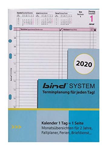 bind B550320 - Kalendereinlage für Tageskalender A5 - Jahr 2020, 1 Tag / 1 Seite, Terminkalender mit System