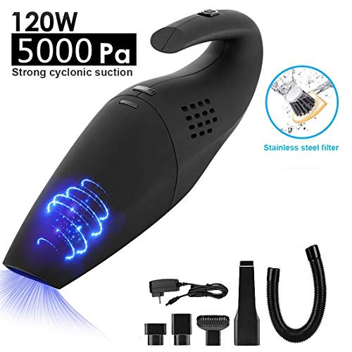 YOMYM Aspirateur à Main sans Fil Rechargeable, Aspirateur Puissants 5000Pa, Aspirateurs a Main Domestiques Portables Légers avec 7 Accessoires, pour Maison, Voiture, Table, Humide et Sec