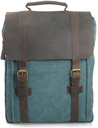 Ushang Canvas Daypack, Genuine Leather Travel Backpack Bookbags Hiking Bag, Blue