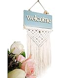 Hecho a mano bienvenida señal de puerta pared macramé con flecos colgante...