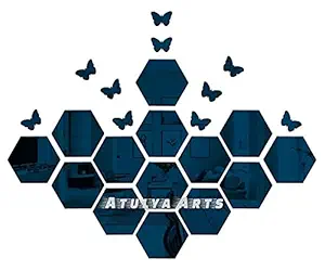 Atulya Arts Blue 3D Hexagon Decorative Mirror Wall Stickers with 10 Butterfly Wall Sticker Acrylic Stickers for Living Room Decoration (Blue, Set of 14 pics)