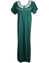 Indiatrendzs Women Nightgown Cotton Printed Neck Embroidered Summer Nighty Housedress Free Size