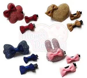 Moms Darling Hair Alligator Clips | Stylish Hair Accessories | Hair Clips for Baby Girls | Girls Kids | Girls. Pack of 4 Sets(1 Set = 1 Pc of Big Clip + 2 pcs of Bow Clips).