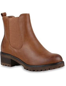 Stiefelparadies Damen Stiefeletten Chelsea Boots mit Blockabsatz Profilsohle Plateau Vorne Flandell