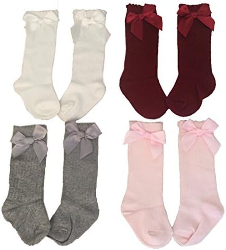 New Baby Girl Newborn Toddler Spanish Style Knee Length Socks Pretty Ribbon Bow 0-4 years Red Grey Pink Ivory (Ivory, Age 1-2 years)