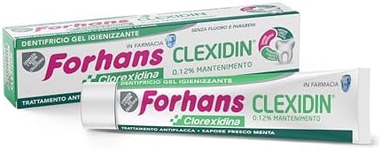 Forhans Clorexidina, Dentifricio Clexidin 0,12%, Dentifricio Gel Igienizzante con Azione Antibatterica e Antiplacca, Senza Fluoro, Gusto Fresco Menta, 75ml