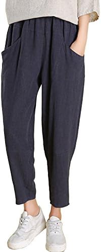 ONECHANCE Women Summer Cotton Linen Stretchy Waist Ankle Harem Pants Color Navy Blue Size XS