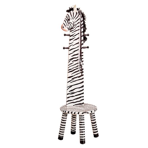 Teamson Kids Childrens Wooden Zebra High Backed Coat Stand Kids Rack and Stool Seat with Hooks W-1945Z