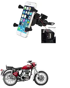 QiisX X-Grip Mobile Phone Holder with USB Charger Bike Mobile Holder for Royal Enfield Bullet 350 Twinspark