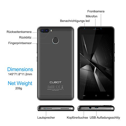 Cubot H3 4G Smartphone Ohne Vertrag (5.0 Zoll (12.7cm) Touch-Display Handy, 6000mAh Batterie, Micro USB mit OTG Funktion, 32GB Speicher, RÃ¼ckseitige 13MP+0.3MP Dual Pixel Kamera, Android 7.0) Schwarz
