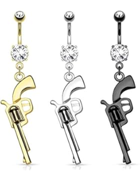 Paula & Fritz® Bauchnabelpiercing aus Edelstahl Chirurgenstahl 316L silber gelbgold hämatit Anhänger Revolver...
