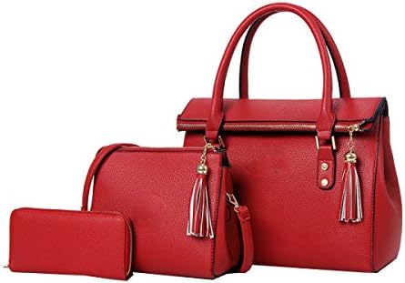 Ladies Pu Suitcase Three-piece Shoulder Bag Messenger Bag Handbag,Red-OneSize