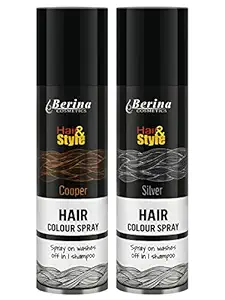 Berina Temprary Hair Color Spray | Easy to Spray on Easy to Wash Out | Professional Salon Hair Styling Spray | Suitable for All Hair Types | Size - 150ml (Pack of 2, Copper & Silver Hair Spray)
