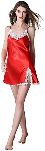 Pajamas Women's Silk Satin Lace Sleepwear Sexy V-Neck Nightdress Night Sleeveless Nightwear Nightgown Nightdress, big red, xxl