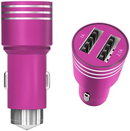 Arc Premier Group USB 2 In 1 Car Charger With Emergency Glass Breaker Hammer | Durable Aluminium Body With 2 Ports For Fast Charging | Compatible With iPhones, Smartphones, mp3 Players, Camera &amp; More (Pink)