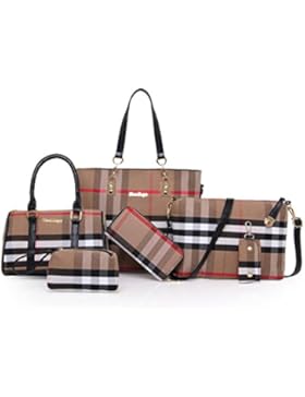 Wewod Damen Kariert Handtasche Stellen Leinwand Schulter Bag Kupplung Geldbörsen Tote Brieftasche 6 Stück