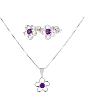 SL-Silver Set Kette Ohrringe und Anhänger Blume Kristall aus 925 Silber in Geschenkbox (Lila)