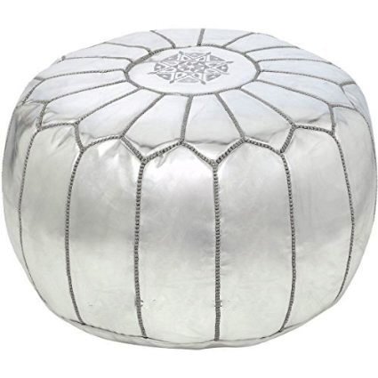 Unstuffed Moroccan Real Leather Pouf Ottoman, Footstool silver