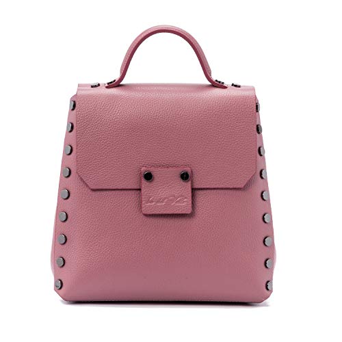 Ira del Valle, Zaino Donna a Spalla con Borchie a Mano, Borsa Elegante Ragazza in Vera Pelle, Zainetto alla Moda Leggero, Modello London Made in Italy, Colore Rosa Antico
