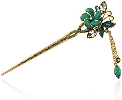 Totoroforet - Traditional Chinese Jasmine Hair Brooch Vintage Rhinestones Bronze Turquoise
