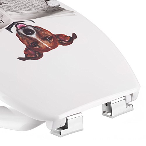 WC Sitz mit Absenkautomatik, Duroplast Toilettendeckel, Softclose Klobrille – Motiv Hund mit Zeitung Design Dekor - 5