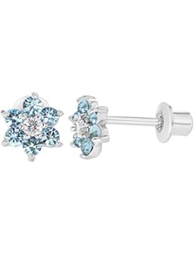 In Season Jewelry Baby Kleinkinder - Schraubverschluss Ohrringe Blume Rhodiniert Blau Kristall