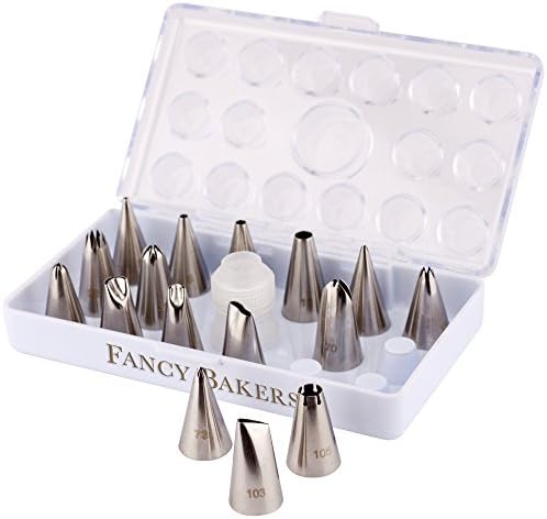Professional 17-Piece Cake Decorating Tip Set By FancyBakers - Kit Includes 16 Of The Most Popular Stainless Steel Tips, Reusable Coupler & Storage Case - Also For Pastry & Icing Cup Cakes