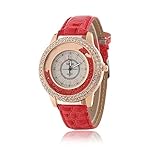 Frauen Fashion Designer Quartz Uhr mit Rot Leder Band Damen Strass Armbanduhr Diamant – Kristall Kreis Driften Kleine Perlen Dekoration