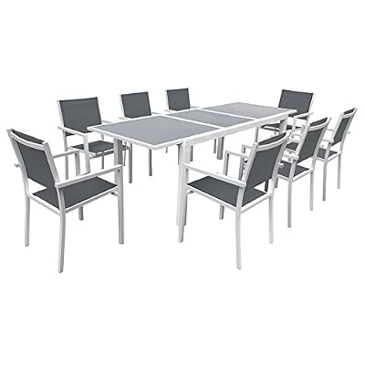 Happy Garden Salon de jardin FIRENZE extensible en textilène gris 8 places - aluminium blanc
