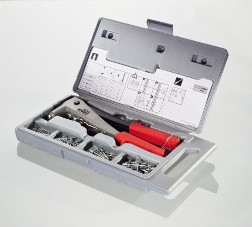 Novus Blindnietzange J-50 im Set inkl. Koffer, leichte Blindnietzange aus Aluminium für gelegentliches Arbeiten, Griffsicherung und Rückholfeder für 1-Hand-Bedienung, Inkl. je 15 Aluminium Blindniete A2,4, A3, A4 und A5, 032-0037 - 2