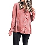 NPRADLA 2018 Shirt Damen Beiläufige Einfarbig Knopf Oben Knopf Front Gekräuselte Falten Taschen Hemd Spitzen Bluse(M/36,Rosa)