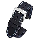 Pbcode Uhrenarmband Schnellverschluss 22mm Silikon Wasserdicht Taucheruhr schwarz (Blaue Nähte Silberne Schnalle)