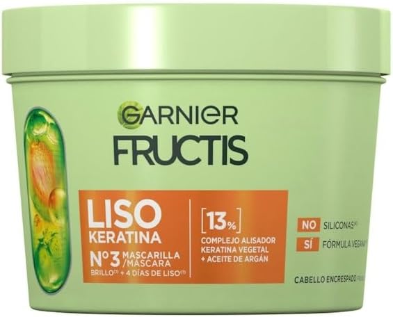 Garnier Fructis Nº3 Maschera Liscia Keratina Per Capelli Crespo, Controlla il Crespino e Potenza Luminosità, Senza Silicone, Formula Vegana, 370 ml