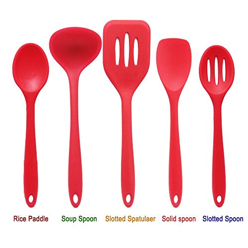 Silikon Küchenhelfer Set,Zilong Küchenzubehör,Löffel,Schöpfkelle,Pfannenwender,Spatel,Schaumlöffel hitzebeständig,Perfekt für Kochen,Braten,Suppen usw,mit Gesund,Preiswert und Praktisch,Rot,5Stk (BPA Frei) - 2