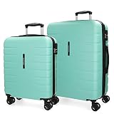 Juego de maletas compuesto por una maleta de cabina de 55 x 40 x 20 cm con 37L y 2.7 kg y una maleta mediana de 69 x 49 x 28 cm de 80L y 3.7 kg, fabricadas en ABS