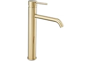 Rea LUNGO L.GOLD RUBINETTO LAVABO ALTO Miscelatore da bagno in ottone monocomando rubinetto lavamani regolabile caldo e freddo (Oro)