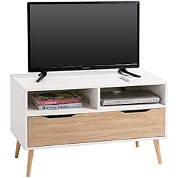 IDIMEX Meuble TV Genova Banc télé de 90 cm au Style scandinave Design Vintage avec 1 Grand tiroir et 2 niches, décor Blanc Mat et chêne Sonoma