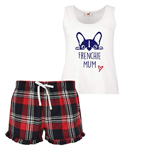 60 Second Makeover Limited Frenchie Mum Ladies Tartan Frill Short Pyjama Set Red Blue or Green Blue French Bull Dog, Red, Large (UK 14)