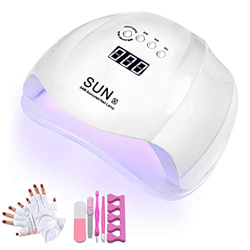 Lampe UV Ongles Gel, WAKYME 54W Lampe UV Sèche Ongles, UV LED Séchoirs à ongles avec 4 Minuteries 10/30/60/99S, Minuterie Automatique et LCD Ecran, Base démontable etc Gants Anti-UV Offert