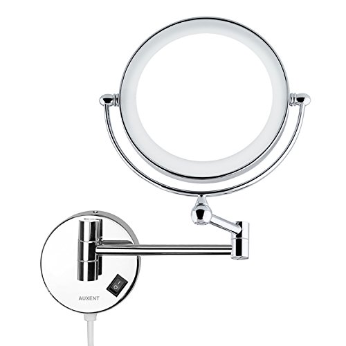 Auxent Kosmetikspiegel mit LED Beleuchtung und 1-/ 7-facher Vergrößerung aus Kristallglas, Edelstahl und Messing, Doppelseitig, Rostfrei, Schminkspiegel Beleuchtet für Badezimmer, Kosmetikstudio, Hotel und Spa.