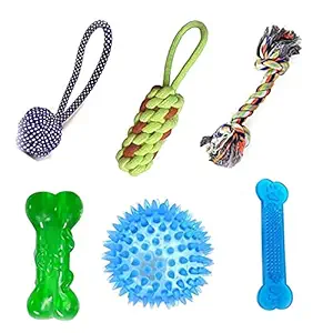 Pet Believe Squeaky Rope Chew Teether Toys for Dog, Puppy | Handle Ball Large | Rope Dummy | 2 Knot | Silicon Bone | Led Ball | Puppy Face Bone | - Combo of 6