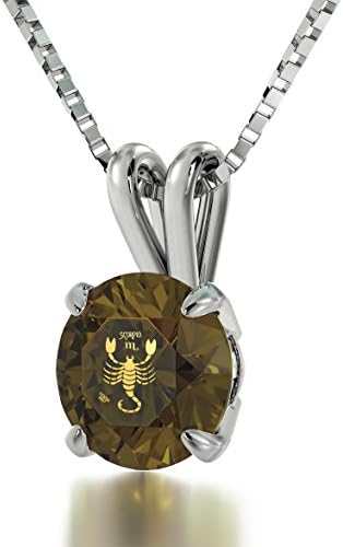 925 Sterling Silver Zodiac Pendant Scorpio Necklace 24ct Gold inscribed on Brown Crystal, 18"