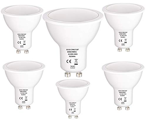 6 bombillas LED GU10 de 6 W, de Tech Traders, blanco frío (6000 K), blanco cálido (3000 K), 60 W, repuesto para bombilla halógena, clase energética A++, plástico, Cool White 6000K, GU10, 6.00W 220.00V