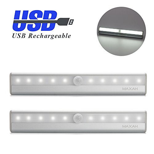 MAXAH® 2x USB Sensor Lampe Beleuchtung 10 LED Automatische LED-Lichtleiste Bewegungsmelder Kabellose Infrarot-Lichterfassung für Schrank Cabinet Schrankschublade Schrank Treppe Nachtlicht Wandleuchte mit Magnetstreifen und USB Kabel (USB Wiederaufladbar,kaltweiß)