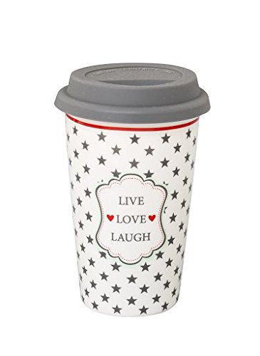 Krasilnikoff - Kaffee To Go Becher - Travel Mug - Live, Love, Laugh - Porzellan, Silikon - 350 ml - Weiß