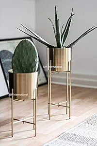UV International Set of 2 Modern Planters with Stand, 7 Inch Large Planter Pots with Metal Stands, Flower Pot Living Room Decor for Orchid, Aloe, Large Cactus Plants, 16 and 20 Inch Tall